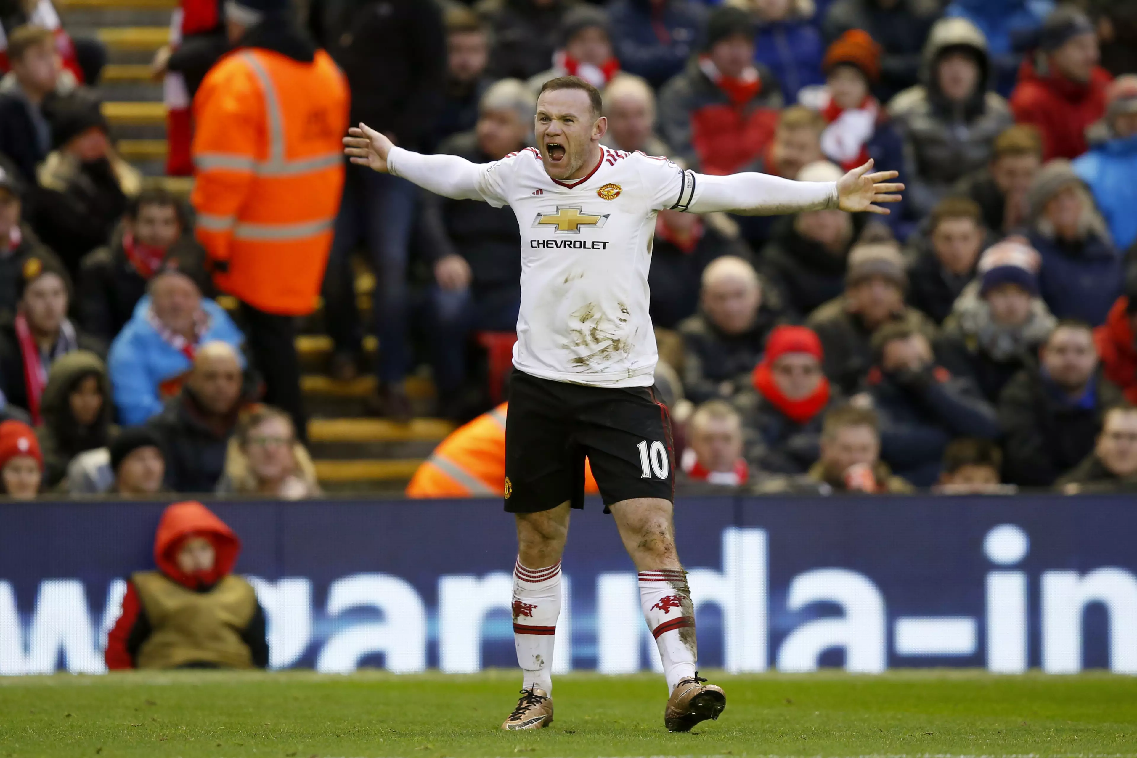 Rooney celebrates scoring at Anfield. Image: PA Images