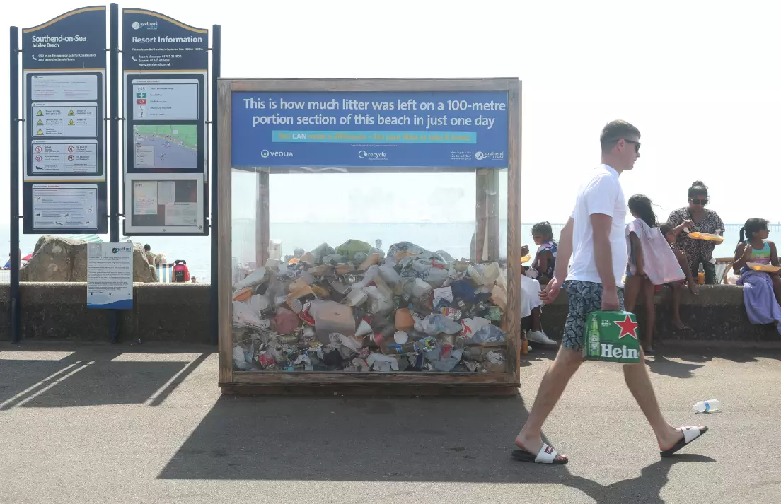 A litter information display at Southend beach in Essex.
