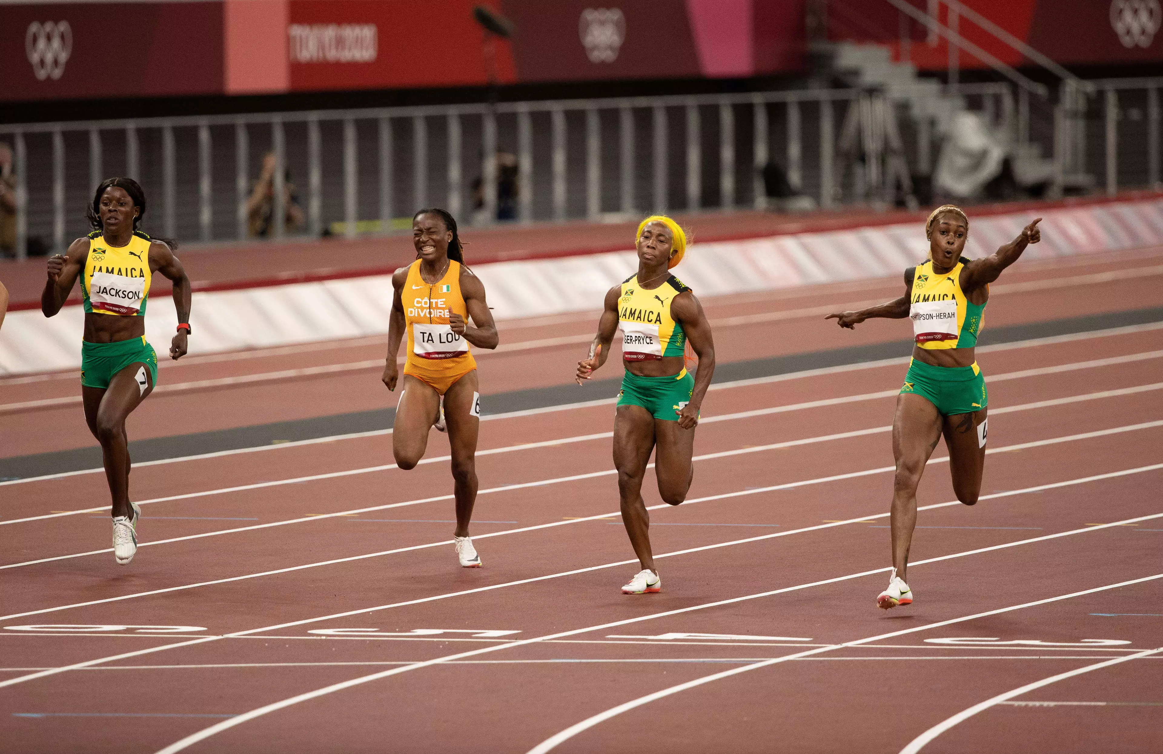 Jackson crossed the line with her fellow countrywomen to take bronze in the 100m race. Image: PA Images