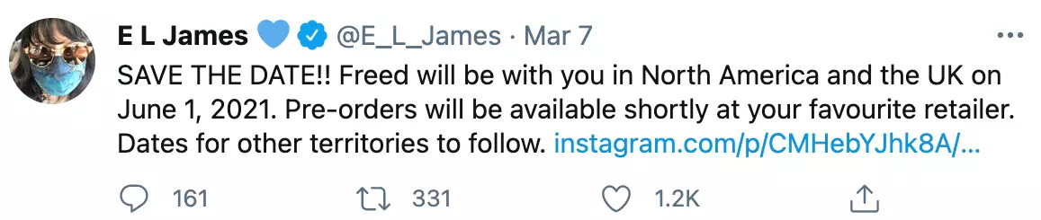 Author E. L. James tweeted the news on Monday evening (