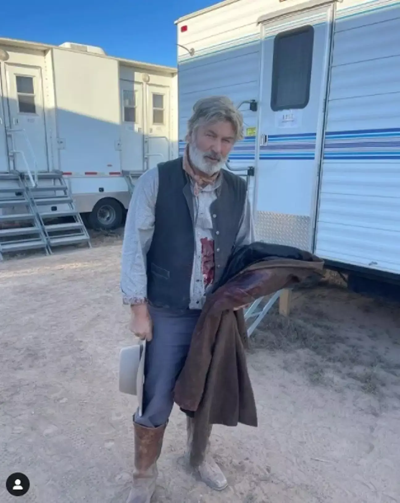 Alec Baldwin on the set of Rust, as seen in a now-deleted Instagram post.