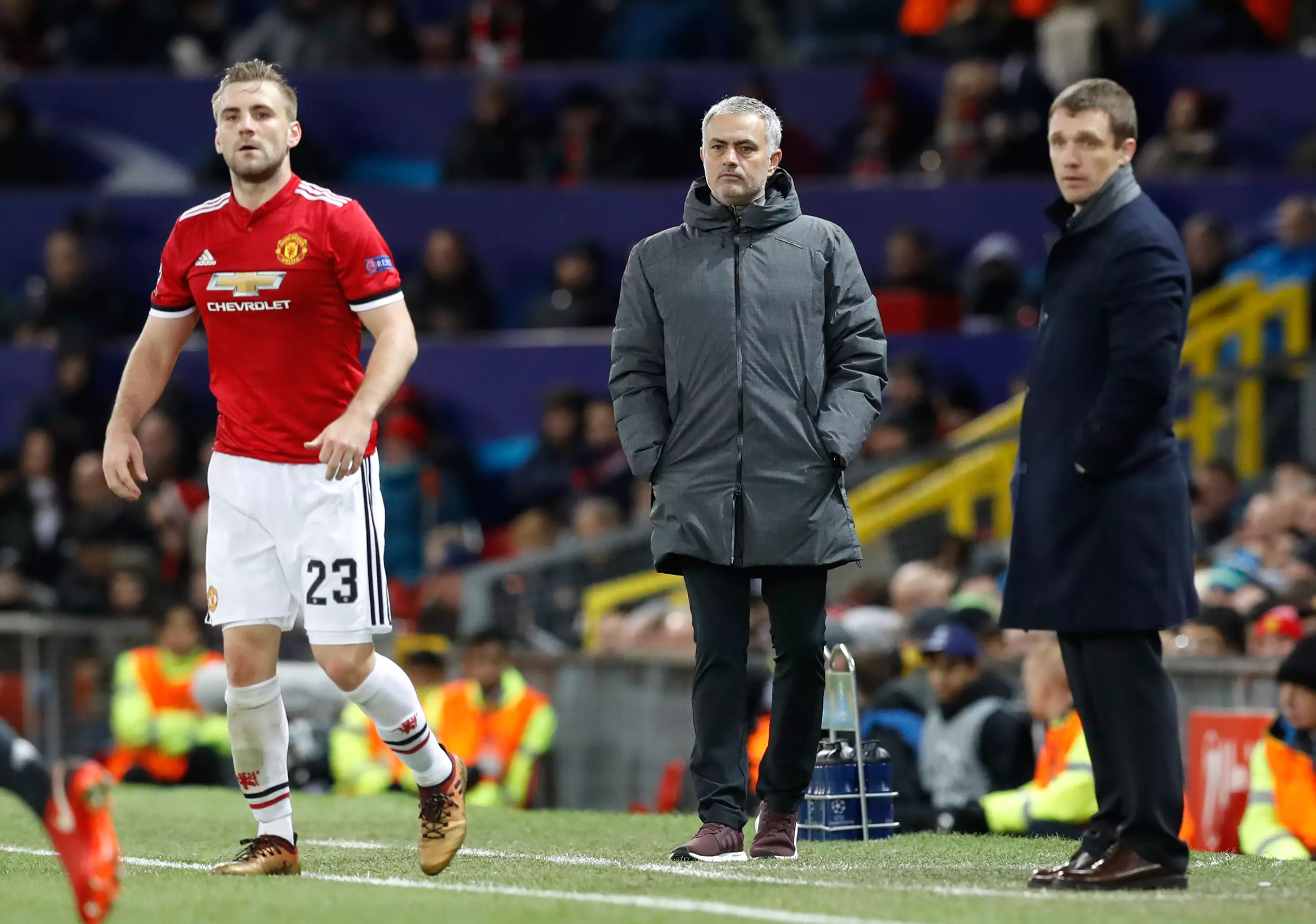 Mourinho looks on, deciding whether to praise Shaw or bully him. Image: PA Images