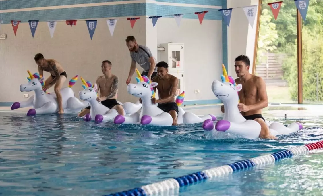 Lingard might be the quickest of this lot on land but how good is he on unicorn? Image: Twitter