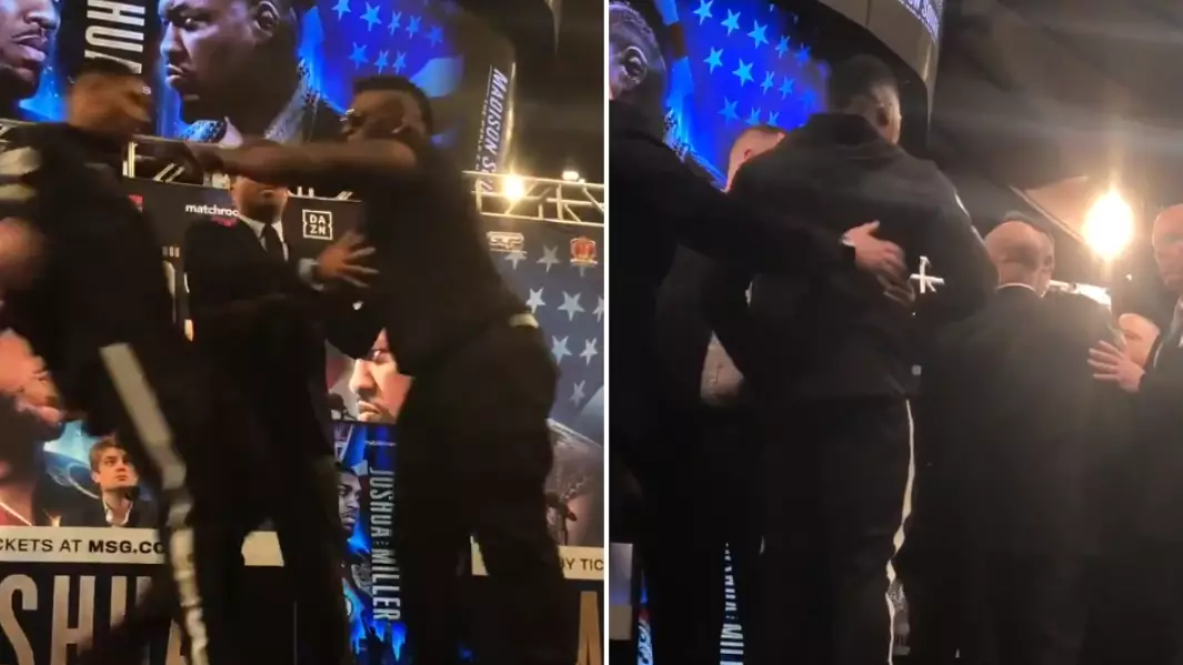 Jarrell Miller Pushes Anthony Joshua In Intense Face-Off At New York Press Conference 