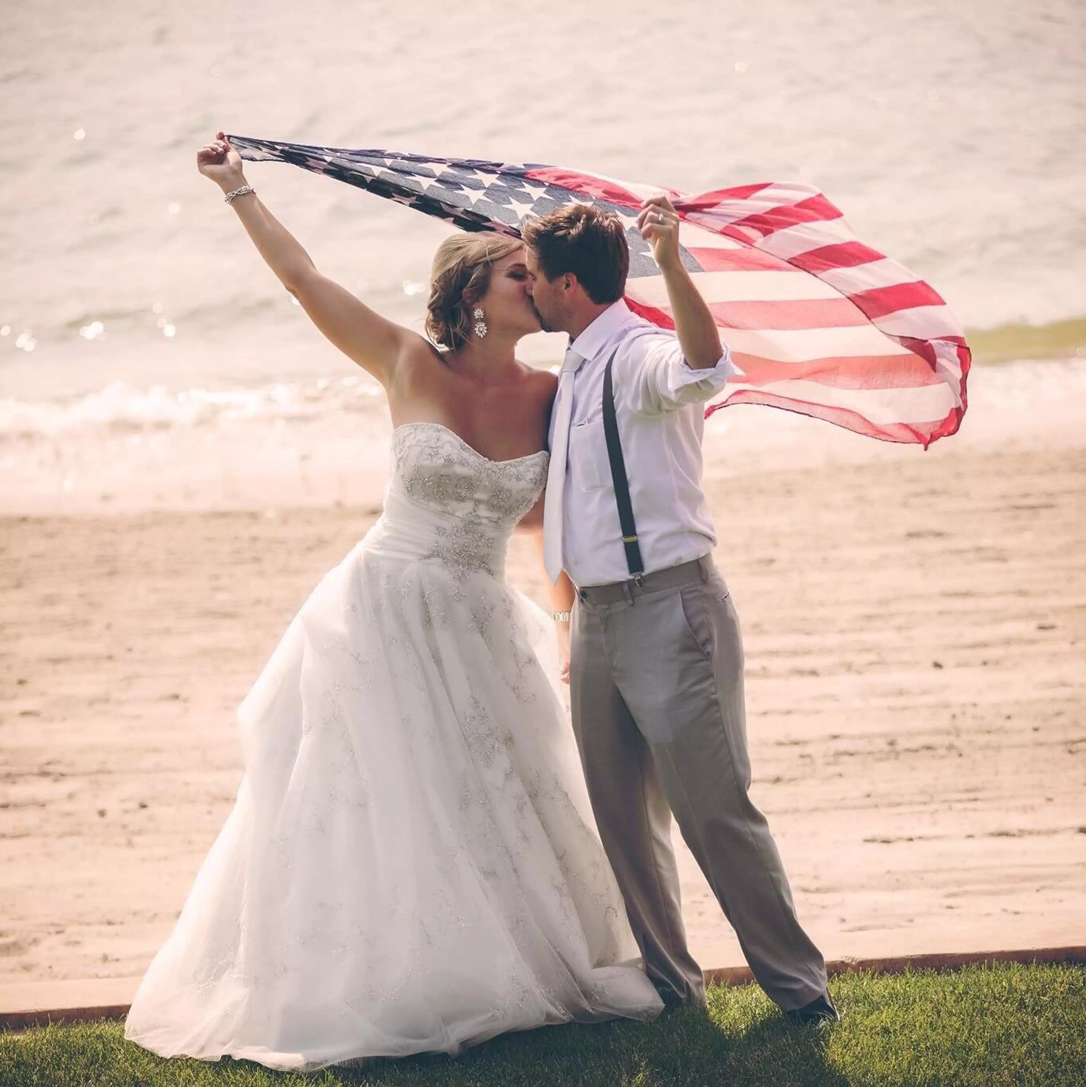 Katie wanted to recreate a photo from her wedding day, where she and Brett held a Union Jack flag.