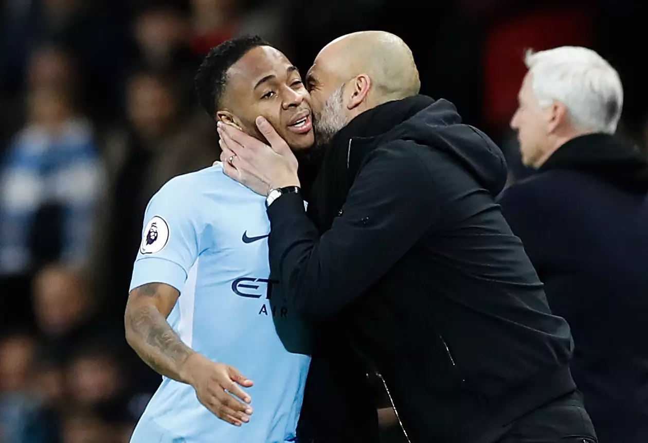 Sterling gets a kiss from Pep Guardiola after his first Champions League hat-trick on Tuesday. Image: PA Images