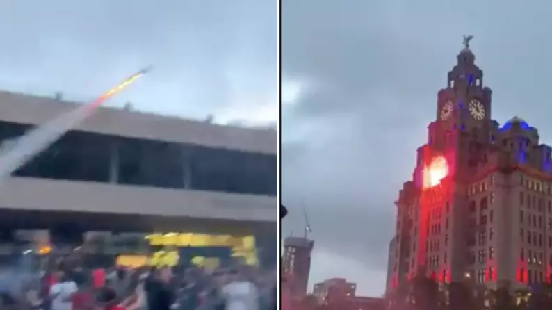 Firework Shot At Liver Building As Liverpool Fans Celebrate Premier League Title Triumph