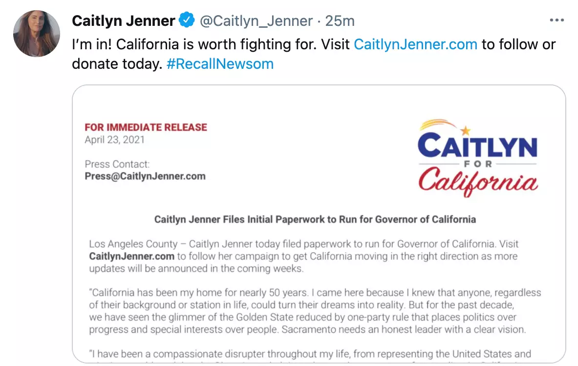 Caitlyn announced her campaign on Friday (