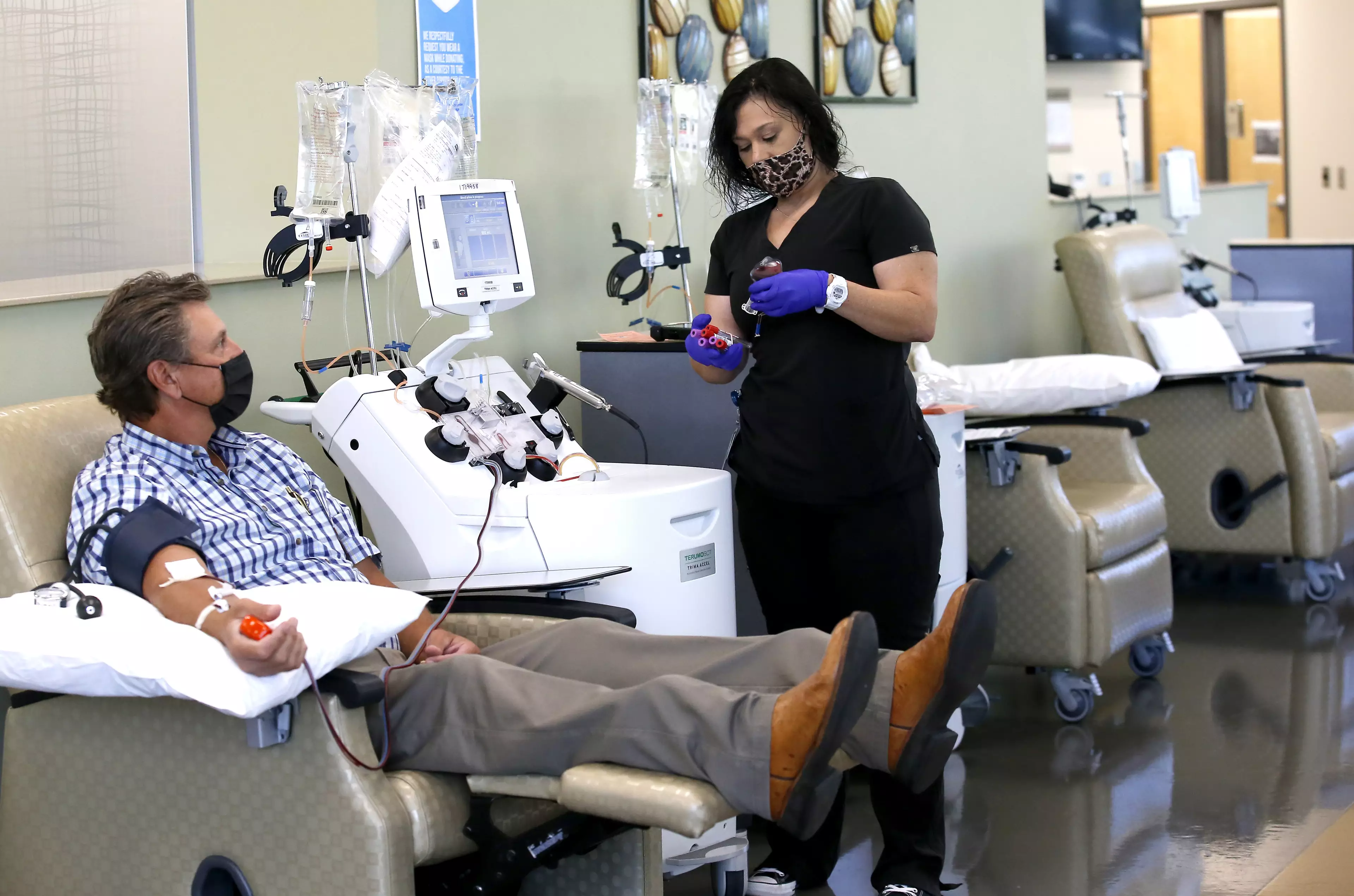 Secretary of Transportation Tim Gatz donates convalescent plasma at the Oklahoma Blood Institute in Oklahoma City.