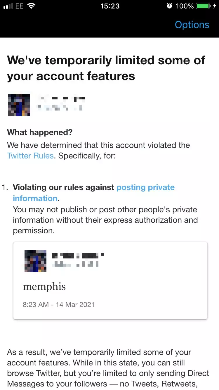 The message one account received after tweeting the word 'Memphis'.
