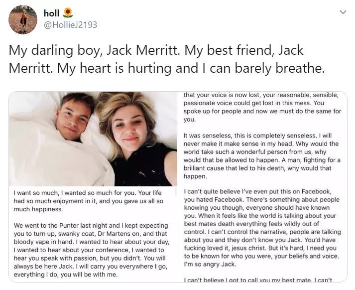 Jack Merritt's friend posted on Twitter and Facebook.