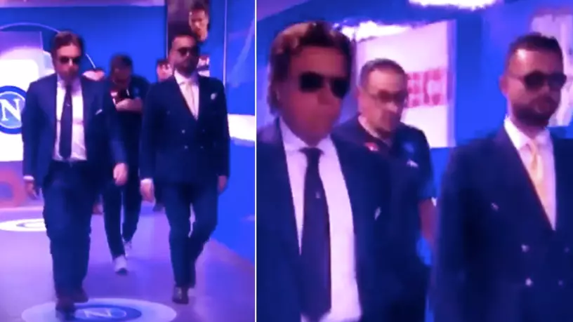 Maurizio Sarri Walks Down Tunnel With Cigarette In His Mouth Surrounded By Bodyguards