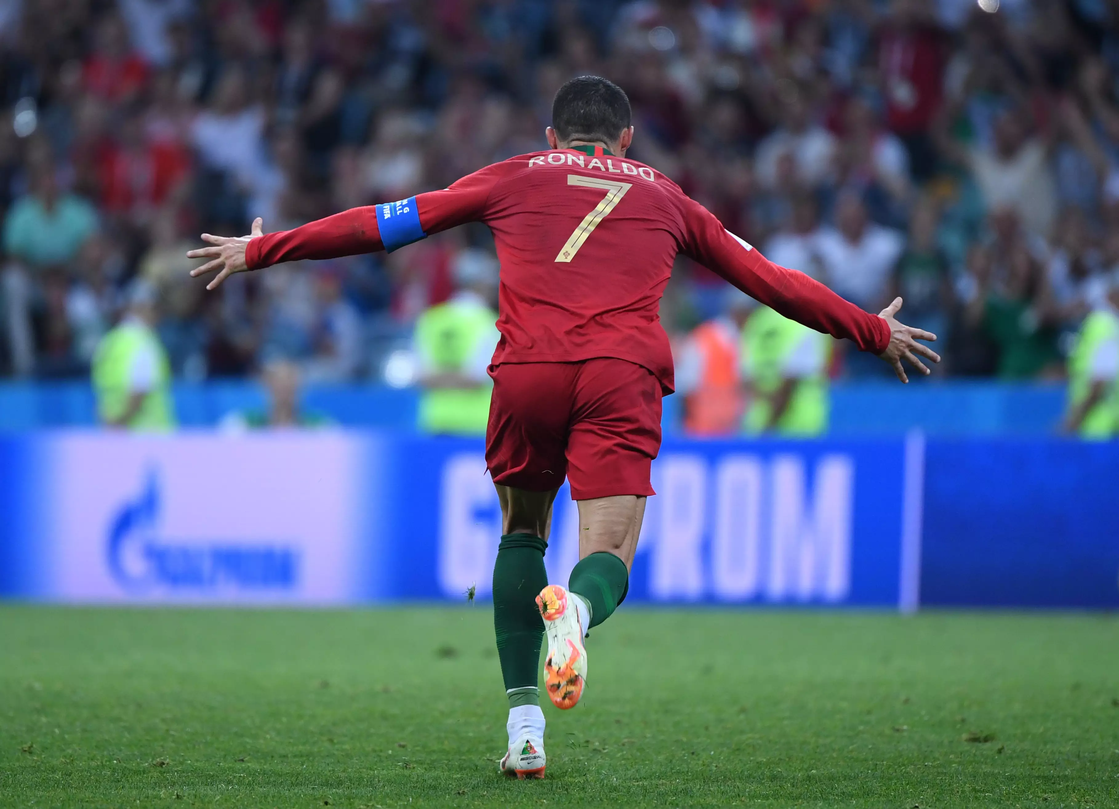 Ronaldo celebrates his hat-trick against Spain. Image: PA Images
