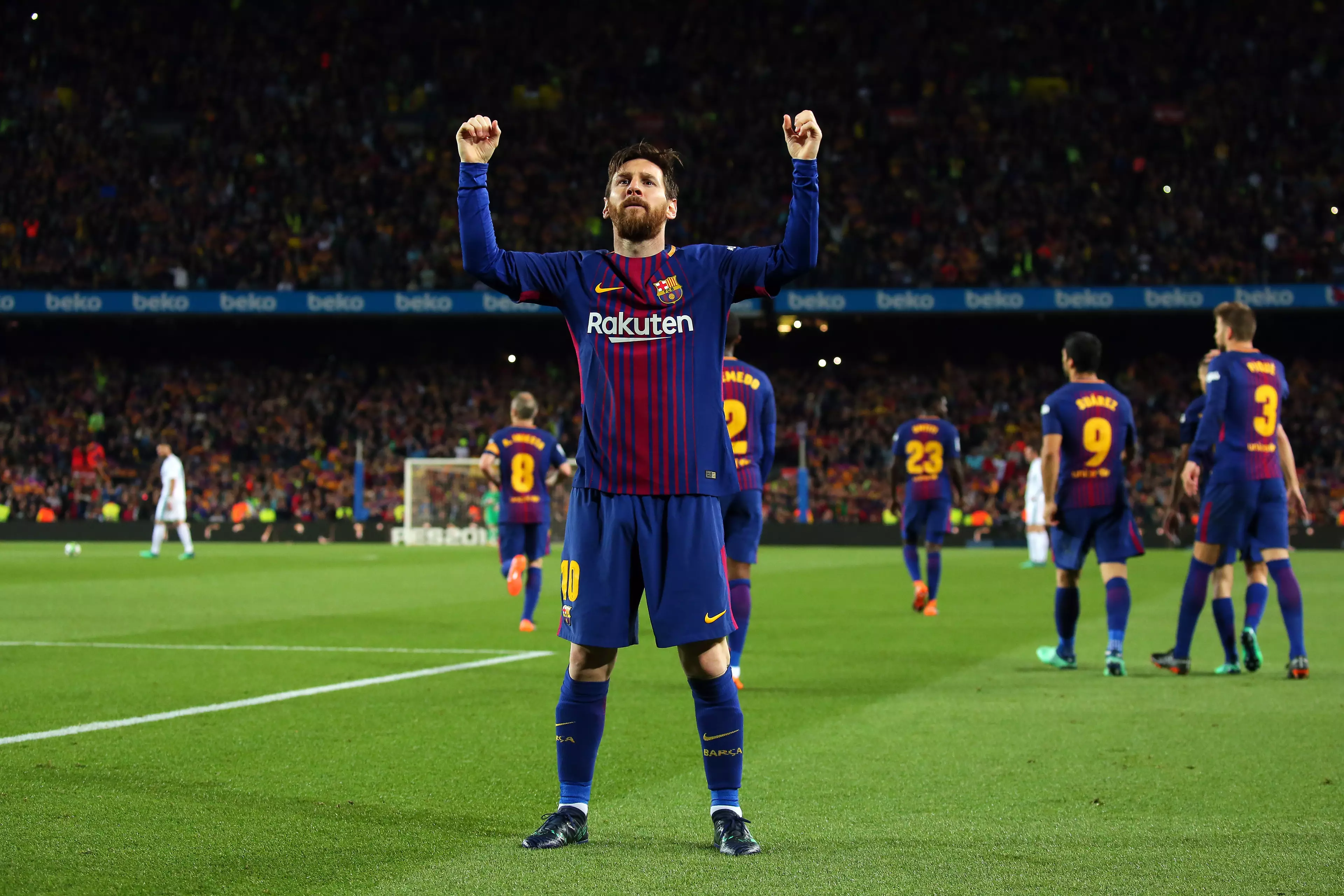 Messi celebrates scoring a goal. Image: PA