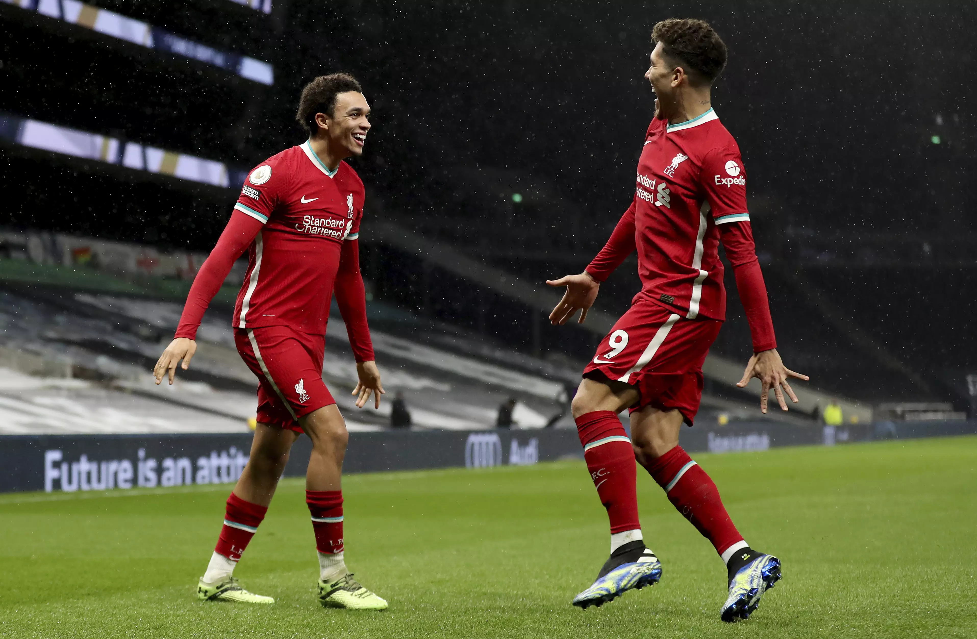 Trent Alexander-Arnold and Roberto Firmino celebrate their side's second goal. (Image