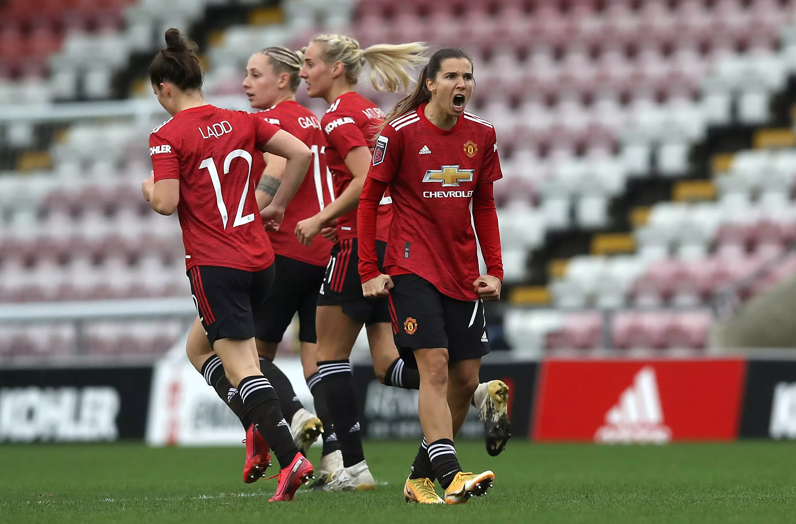 Tobin Heath celebrates scoring for United. Image: PA Images