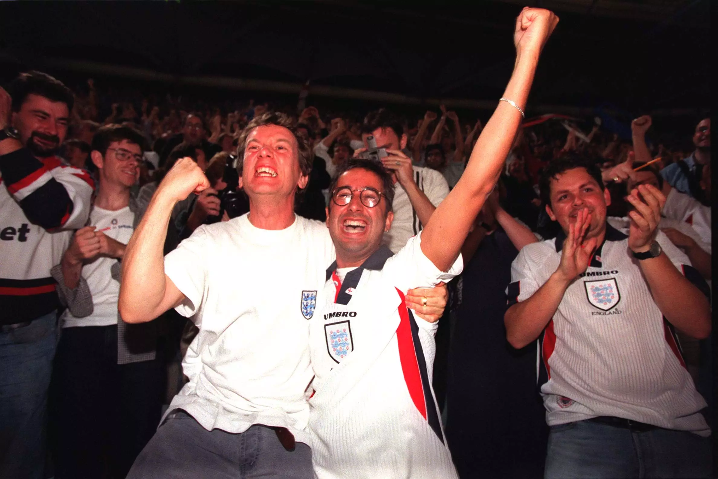 Baddiel and Skinner celebrating during an England game. Image: PA Images