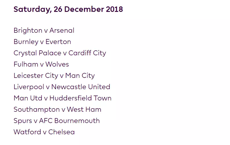 Boxing Day fixtures. Image: Premier League