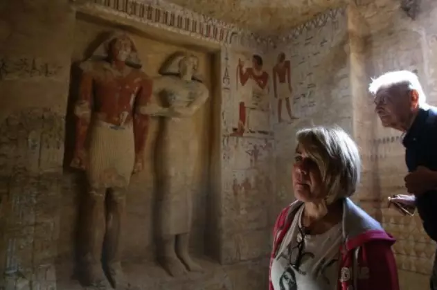 Guests enter the recently discovered tomb in Egypt.