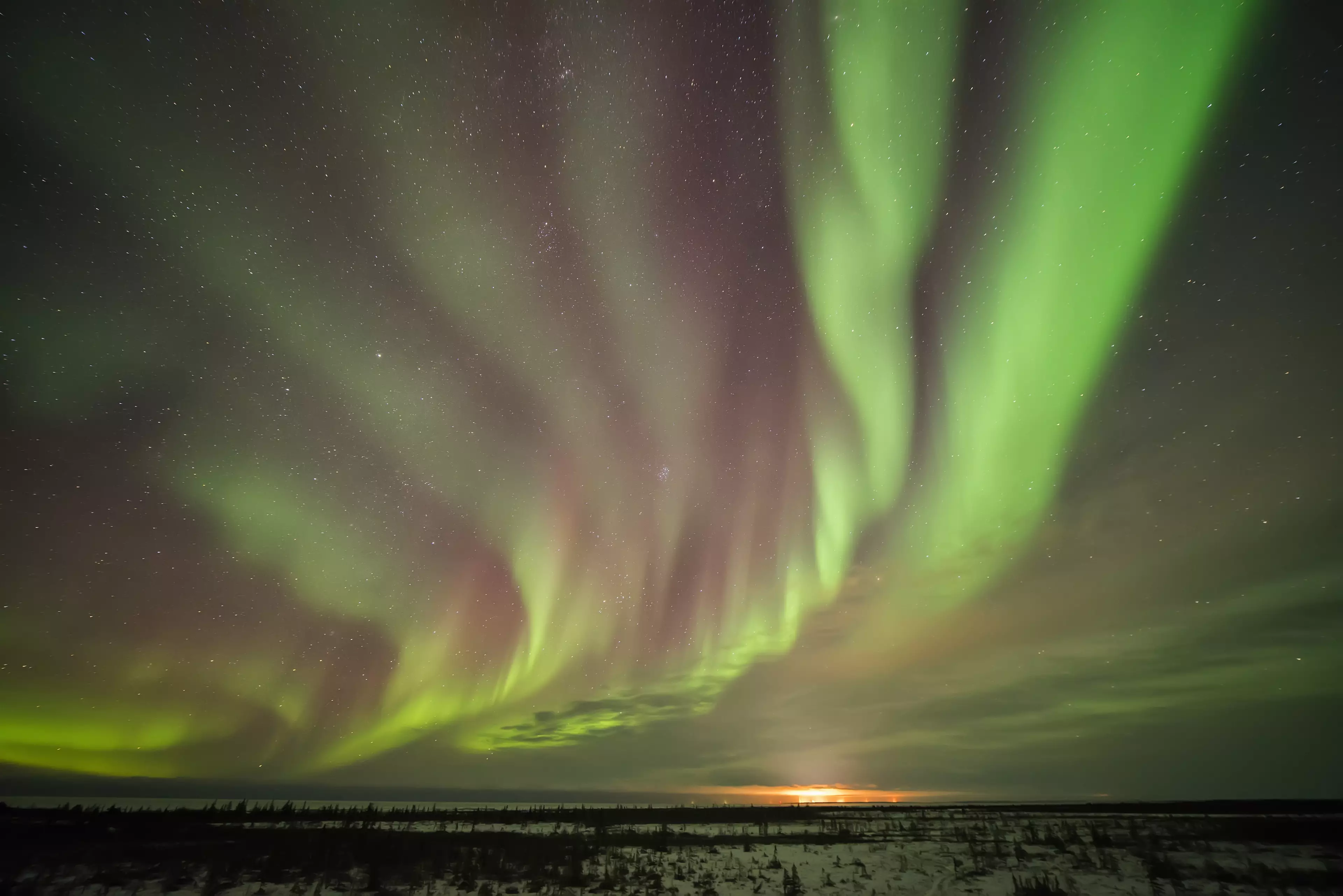 Bands of Northern Lights in the skies near Churchill in Manitoba, Canada.