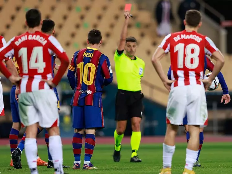 Lionel Messi was shown his first red card for Barcelona after he lashed out in the Super Cup final in 2021