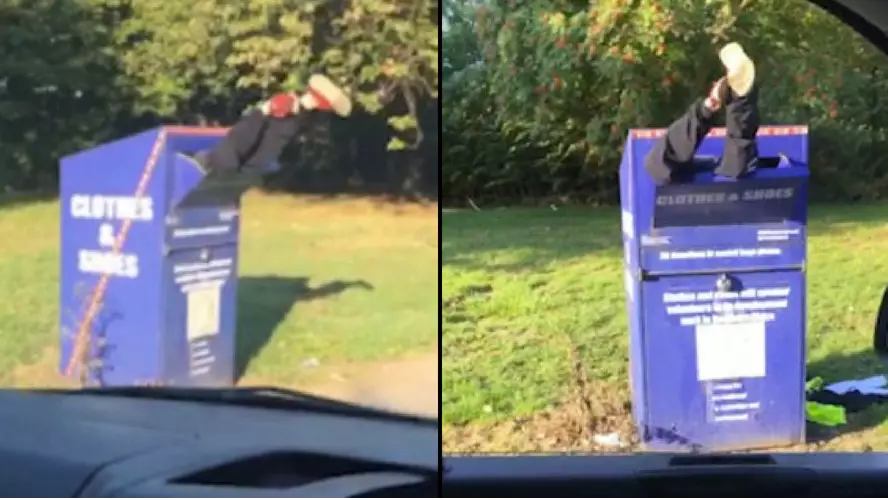 Bizarre Moment Driver Finds Man Stuck Head First In Recycle Bin With Legs In The Air