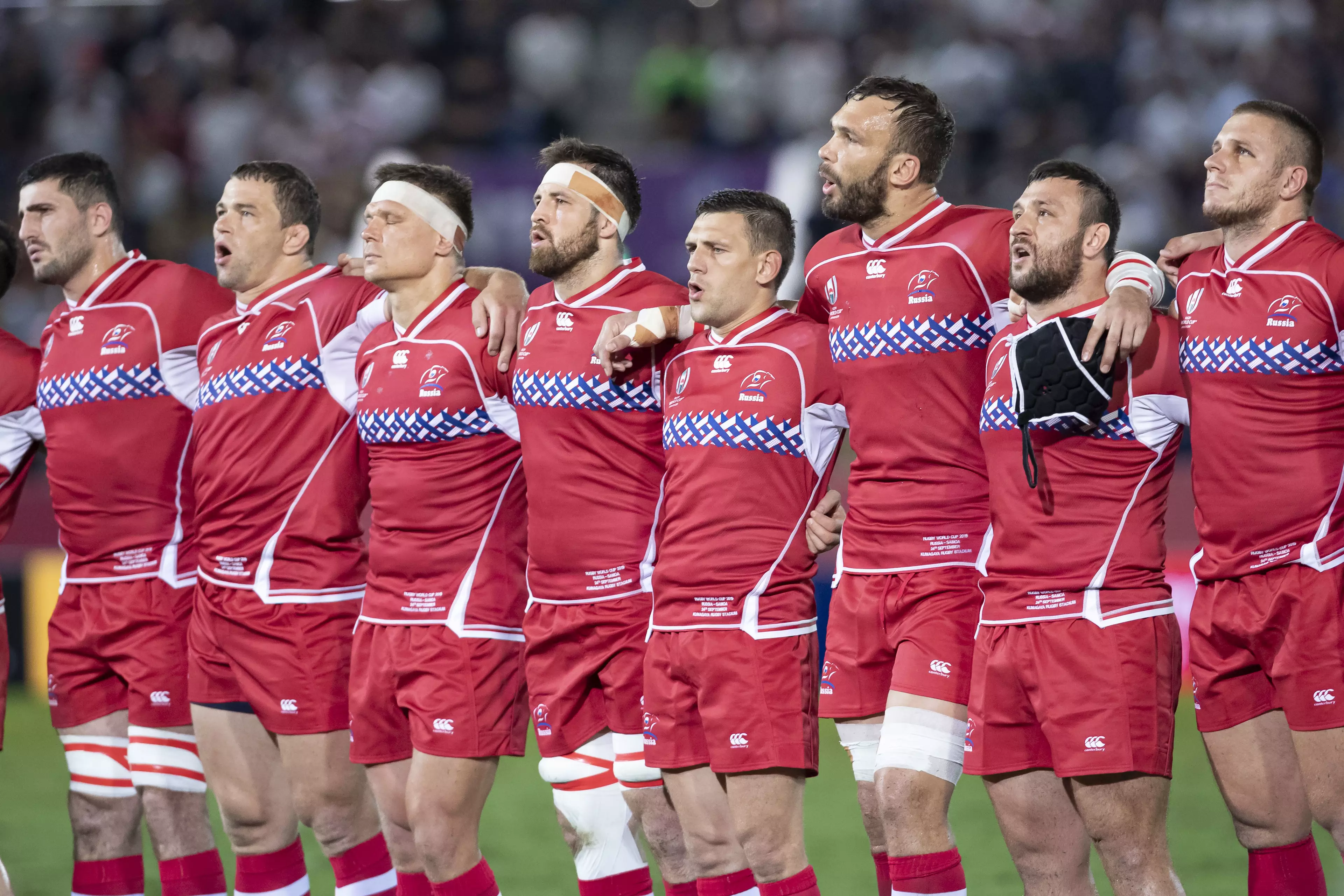 Russian players sing the national anthem during the 2019 Rugby World Cup in Japan.