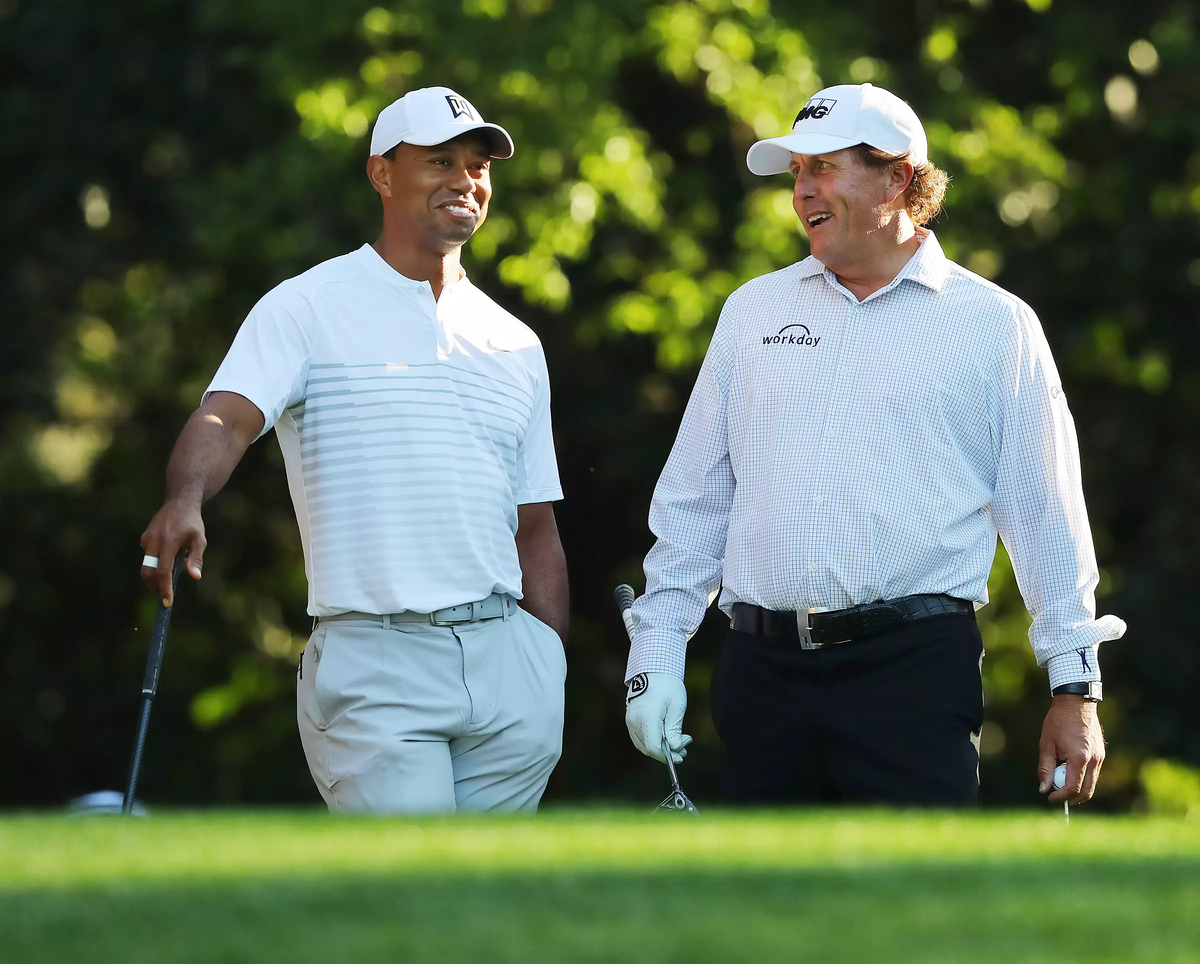 Woods and Mickelson during a practice round at Augusta earlier this year. Image: PA Images