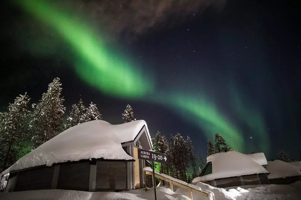 The resort is set in the snowy, forested landscape of Saariselkä, Northern Finland (