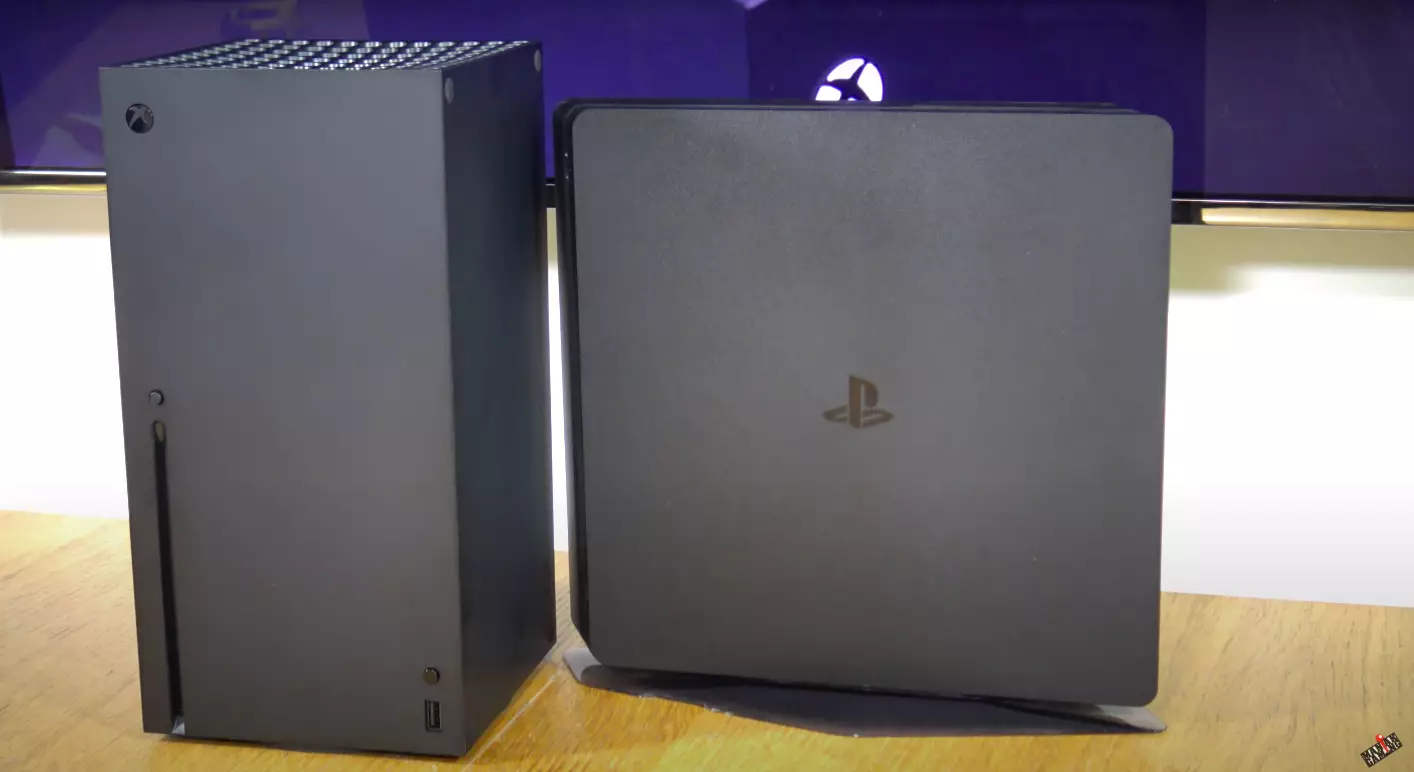 The mocked-up Xbox Series X beside a PlayStation 4 /