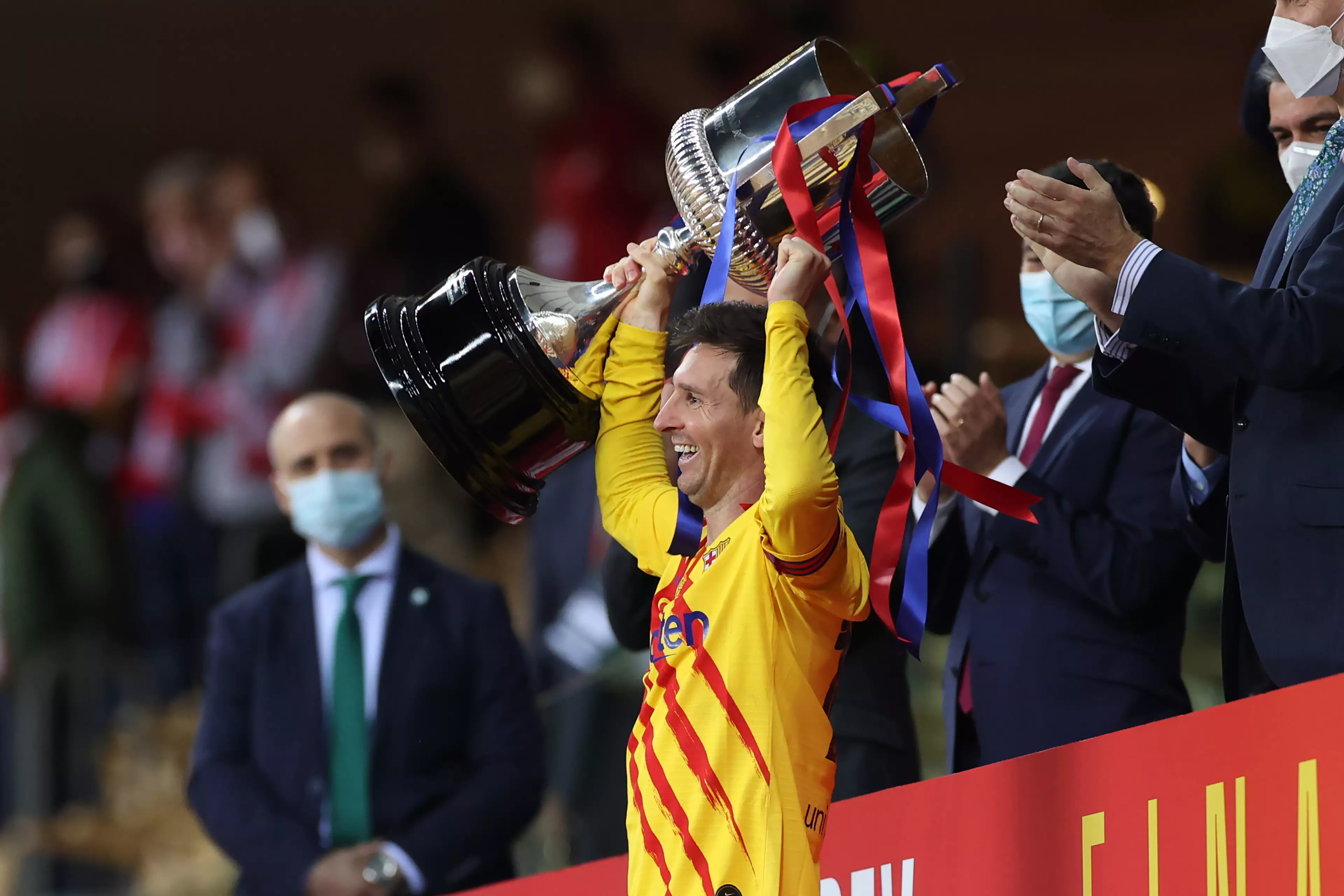 Messi looked extremely happy to lift the Copa del Rey for Barca last season. Image: PA Images