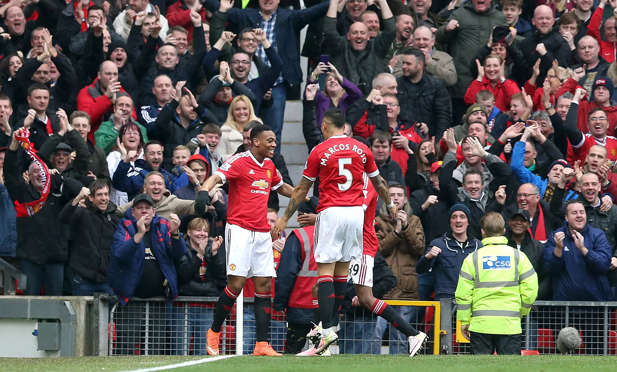 Martial and Rojo celebrate a goal but will they be celebrating new contracts. Image: PA Images.