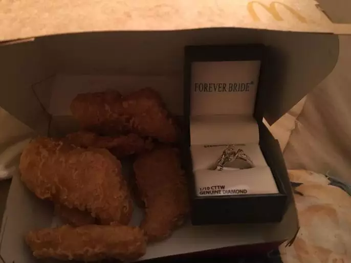 He gave her the ring in a box of Chicken McNuggets. (