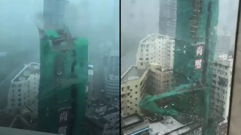 Super Typhoon Blows Down Crane From 22 Storey Building In Hong Kong