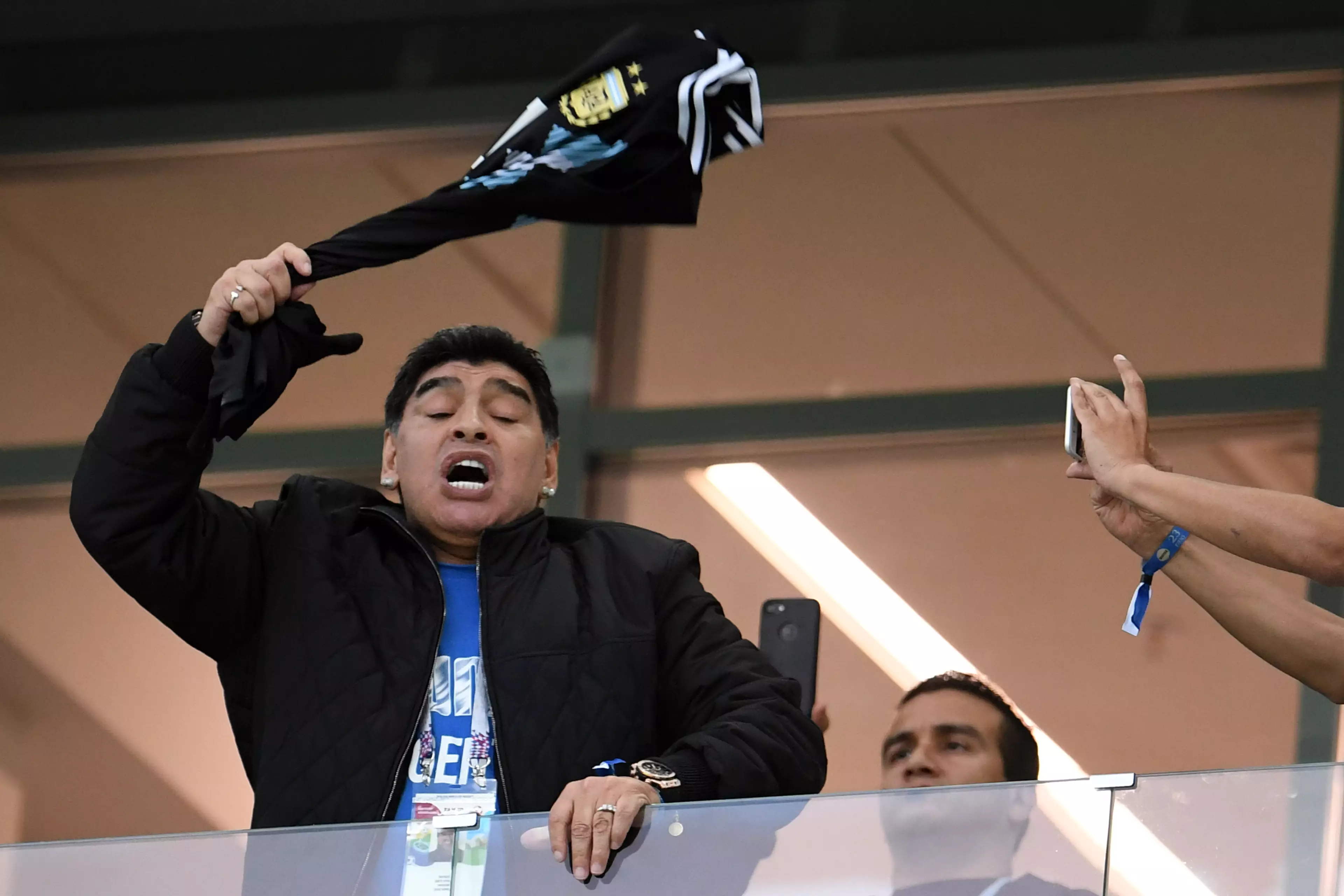 Maradona cheers on Argentina at the 2018 World Cup. Image: PA Images