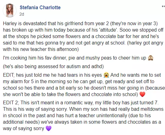 Mum Stefania posted about Harley's romantic troubles online (