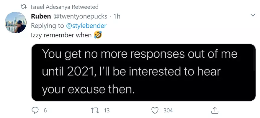 Adesanya retweeted Jones stating he'd get no more responses until 2021. (Image