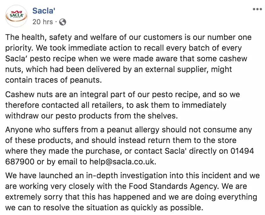 Sacla has issued an apology on Facebook (