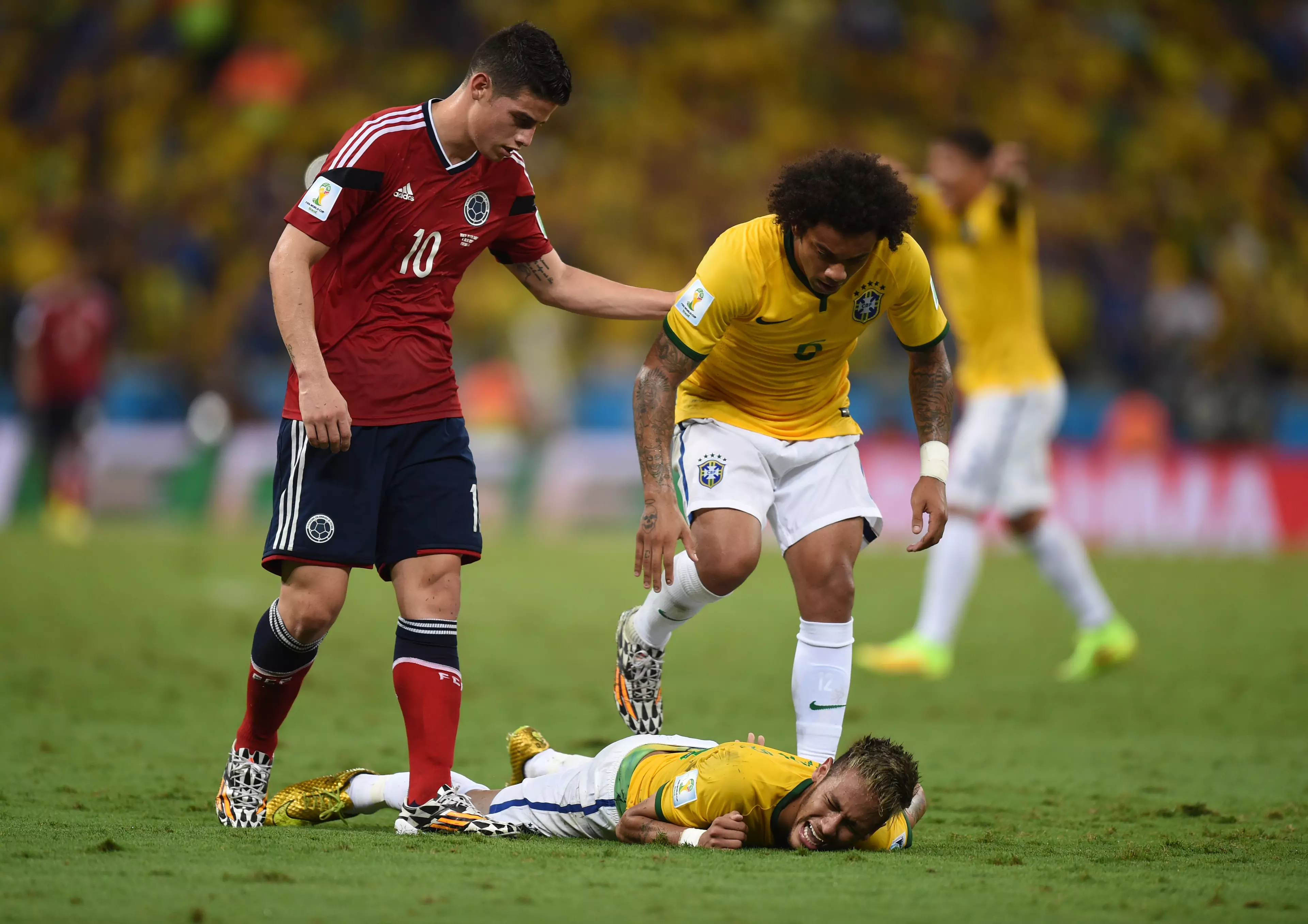 Neymar in agony during the 2014 World Cup. Image: PA Images