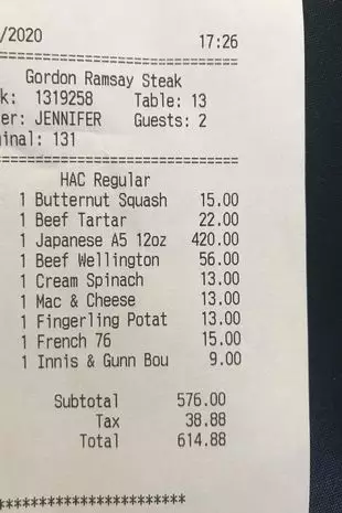 The bill the couple were left with.