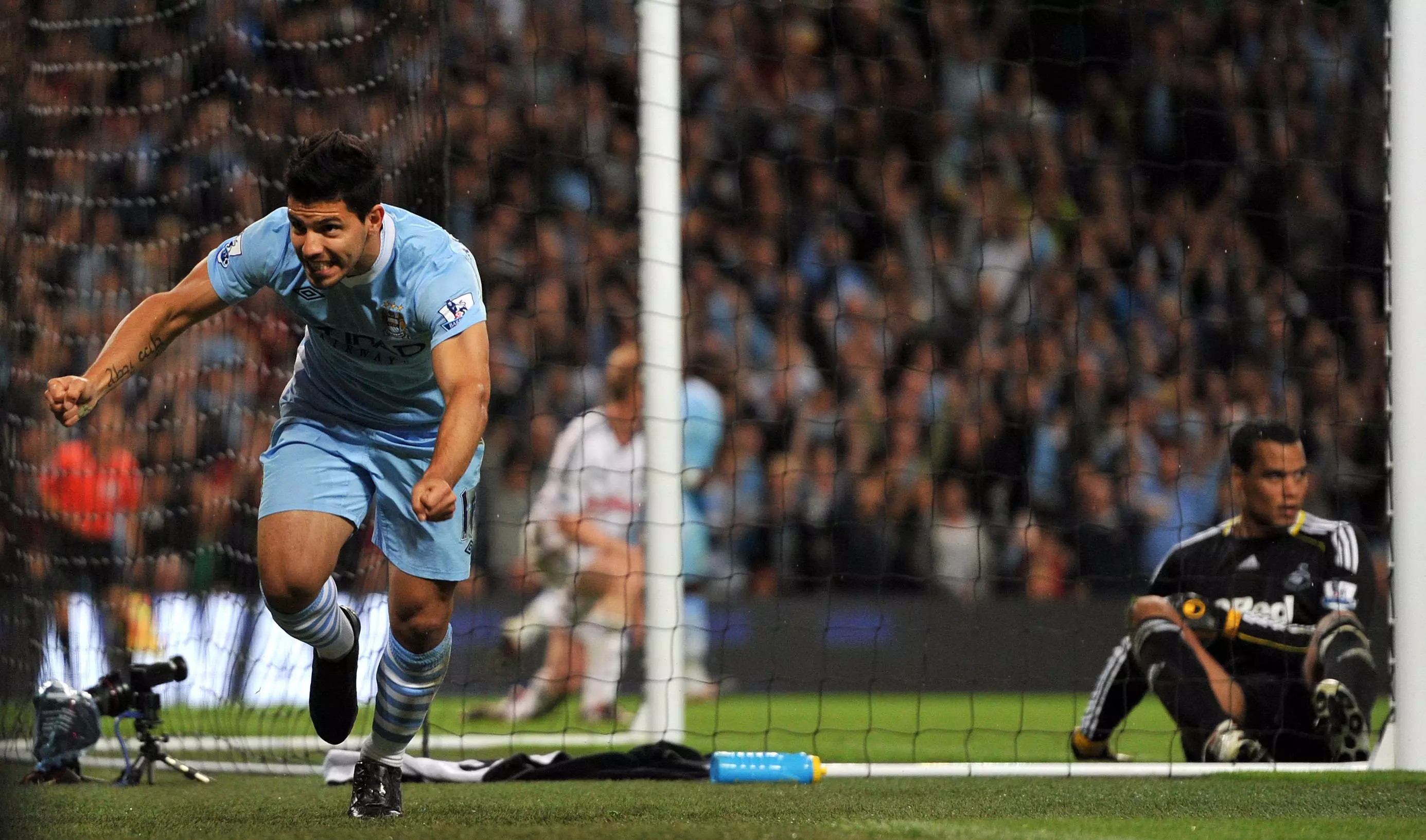Aguero celebrates his first goal for the club. Image: PA Images
