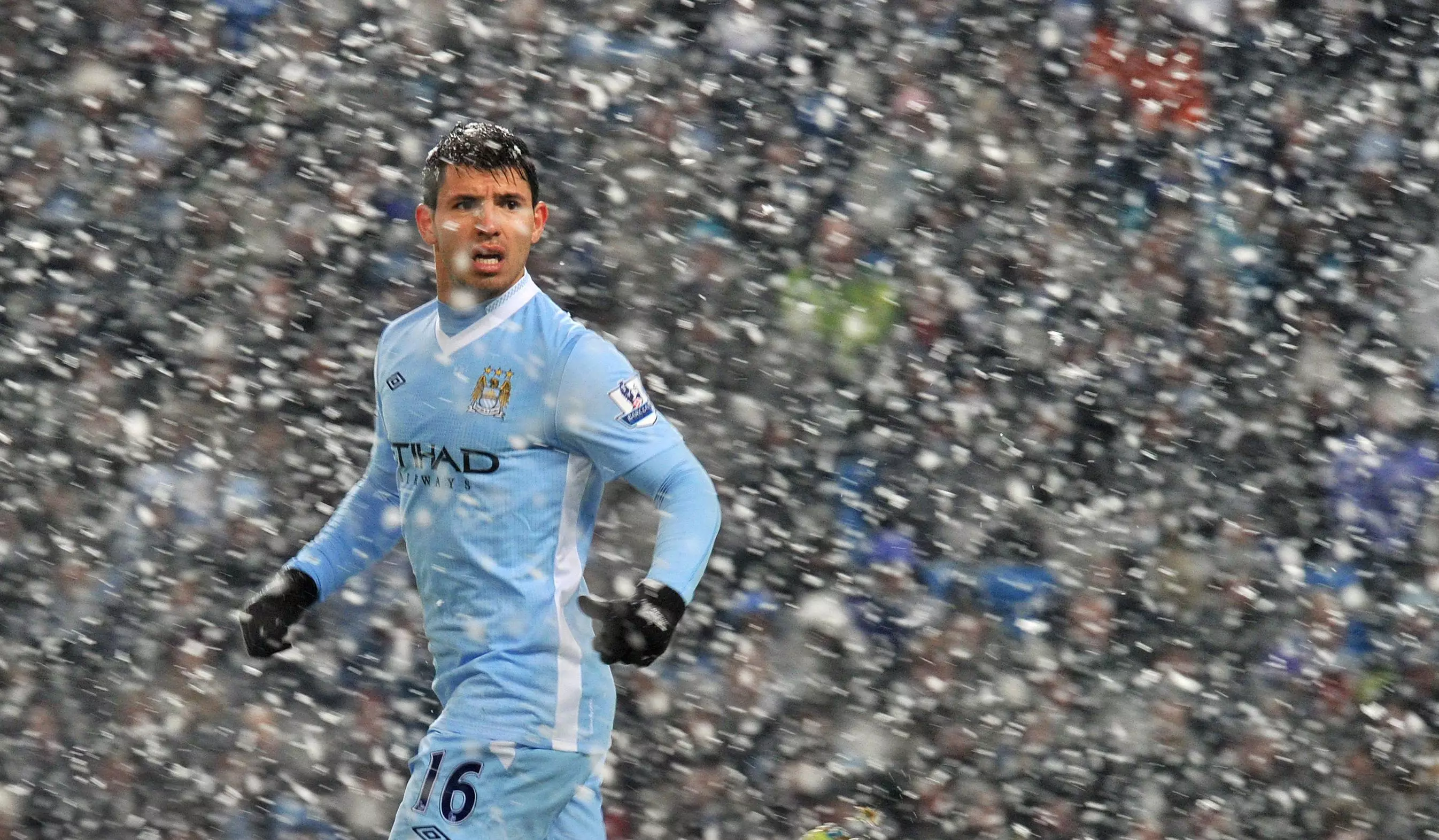 Manchester City striker Sergio Aguero in the snow during a February Premier League fixture in 2012.