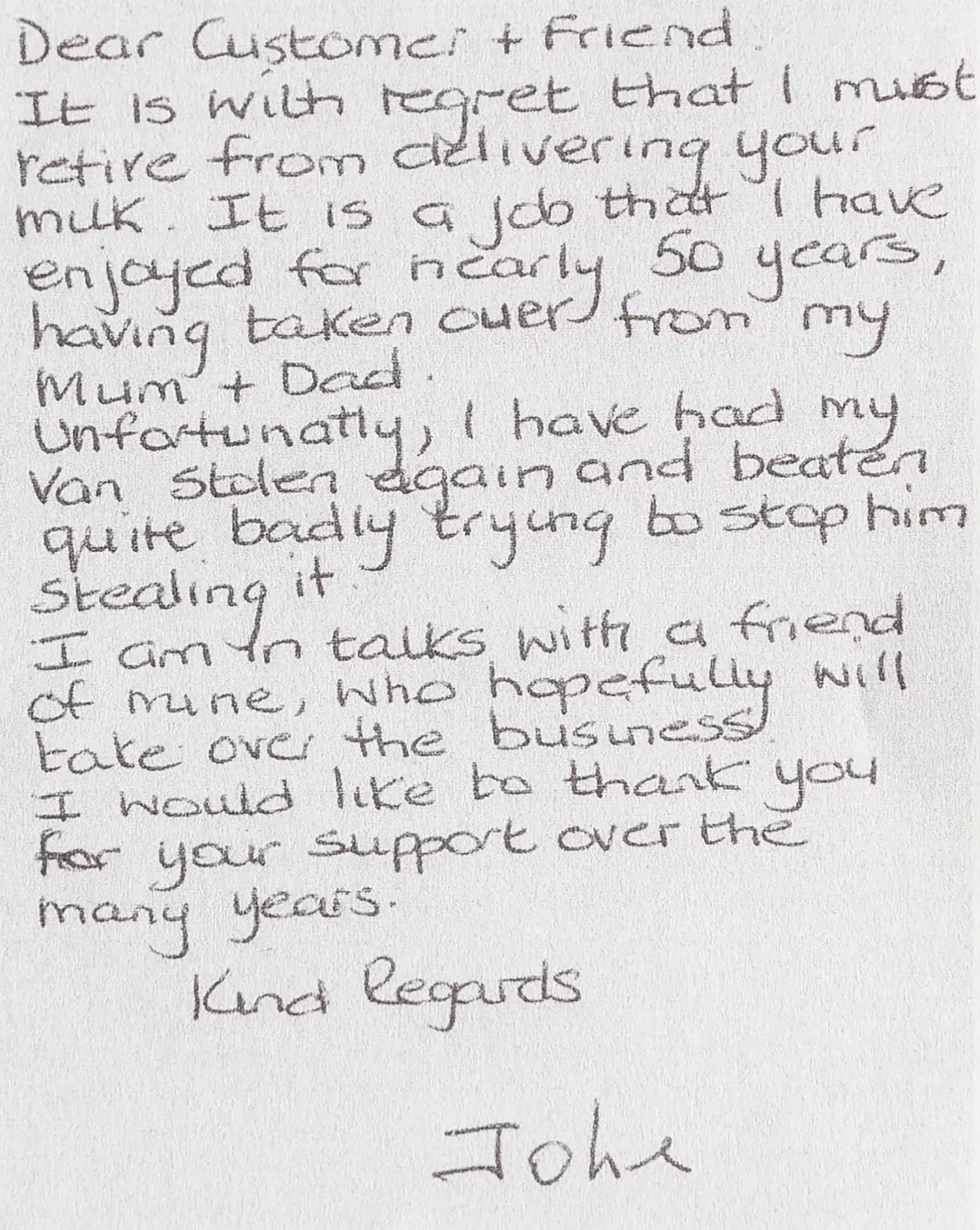 The heartbreaking letter that was sent to all of his 200 customers.