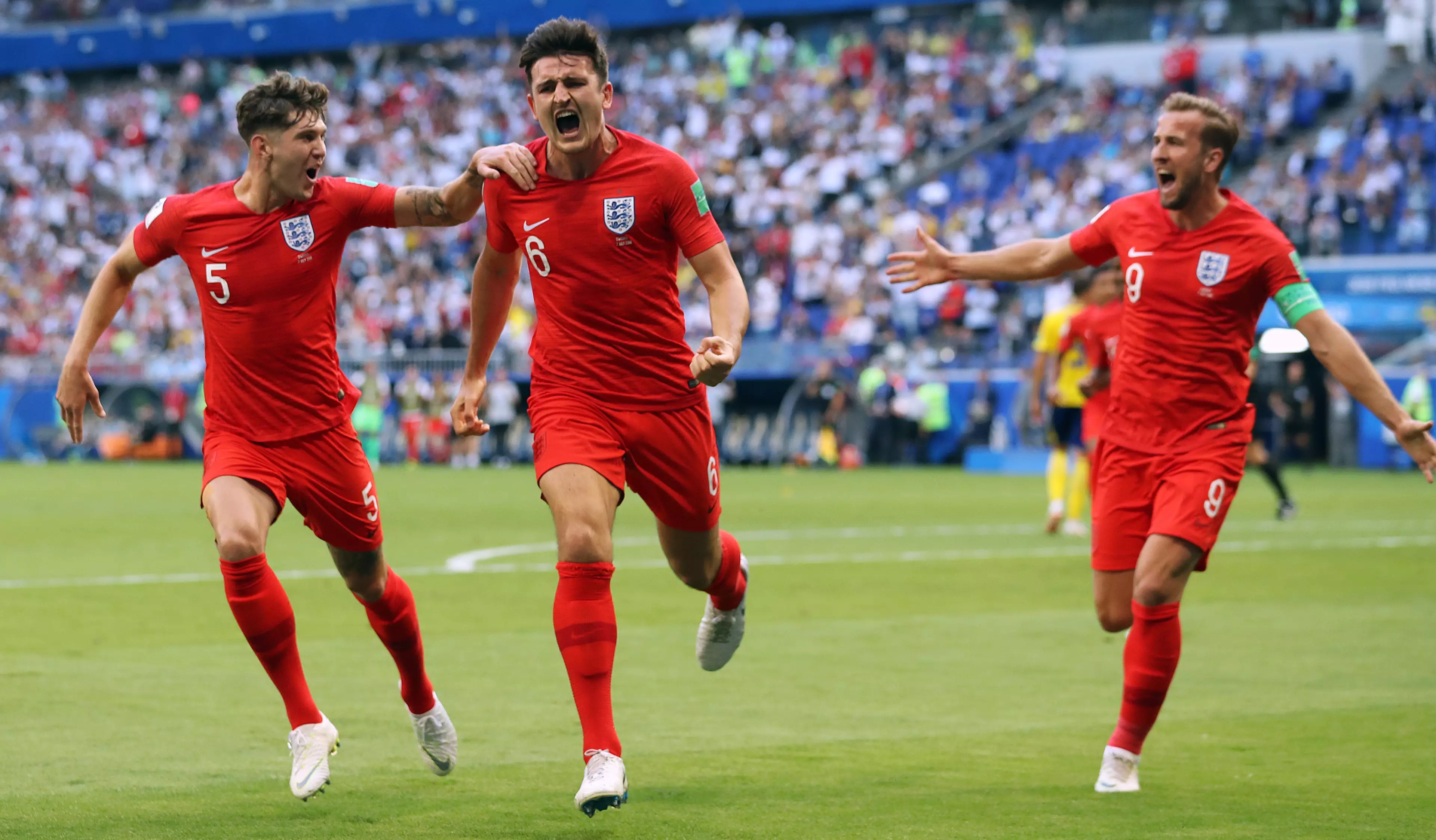 Maguire celebrating his goal in the World Cup quarter final. Image: PA Images