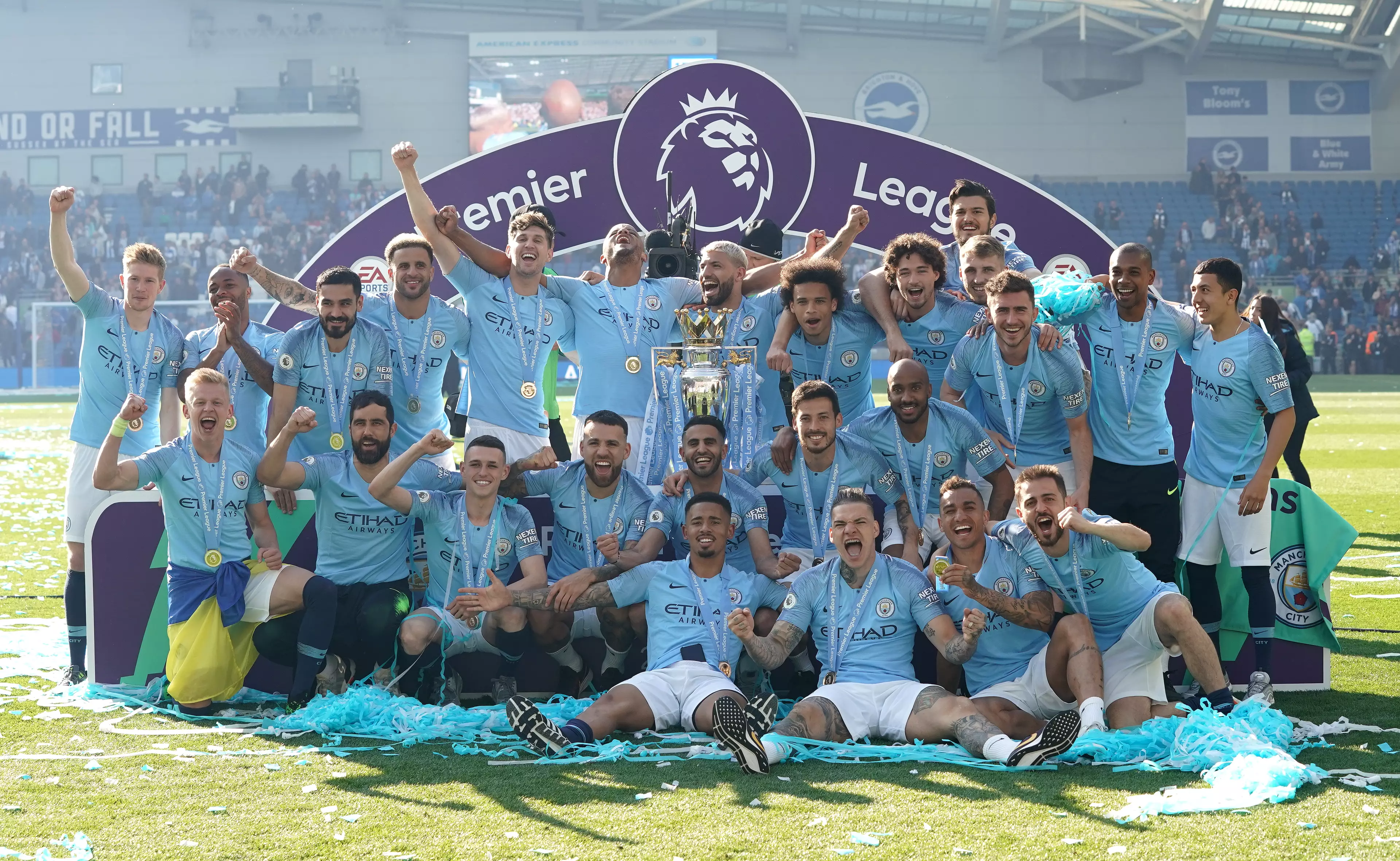 City celebrate after beating Brighton to retain their title. Image: PA Images