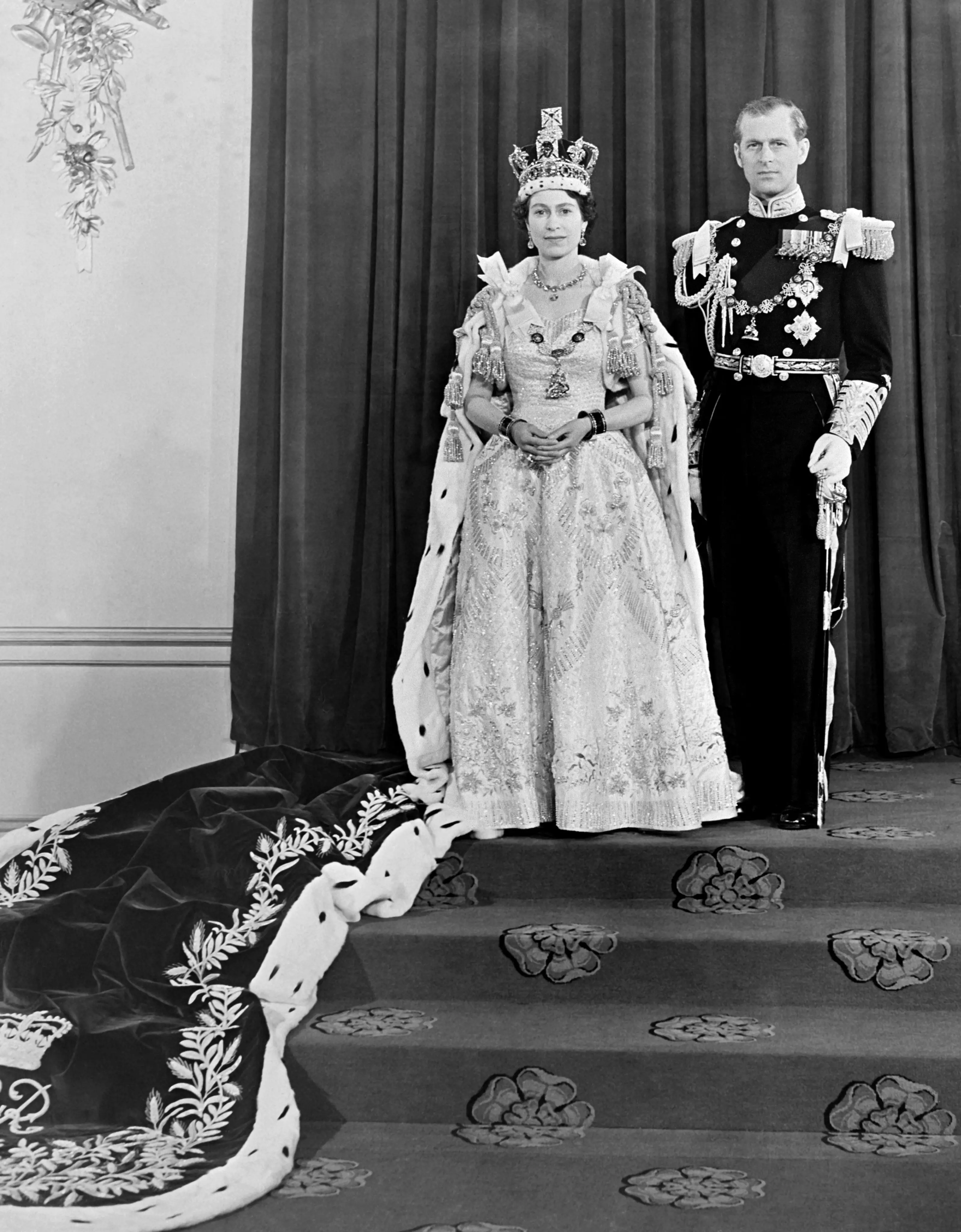 The Queen and Prince Philip at Buckingham Palace after her coronation in 1953 (