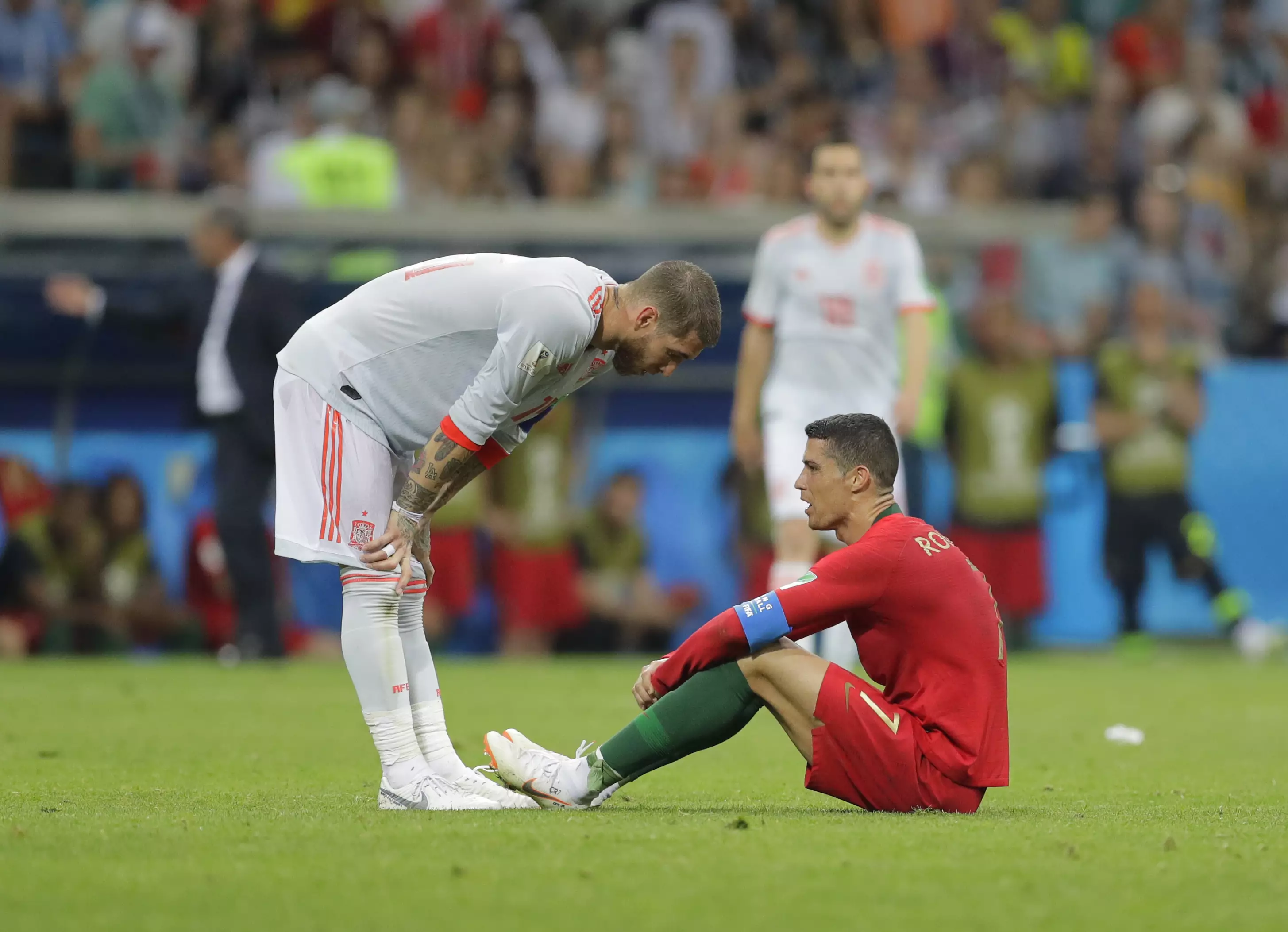 Ramos has a word with Ronaldo. Image: PA