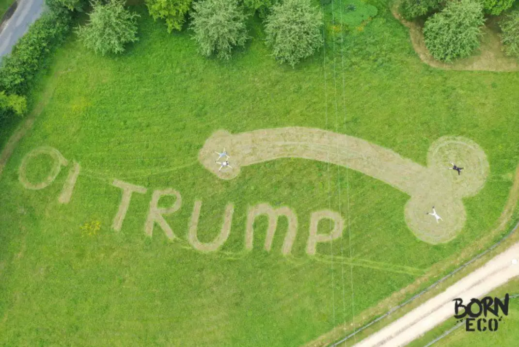 Born Eco has mowed a 'welcome' message into a field for Donald Trump to see upon his arrival in the UK.