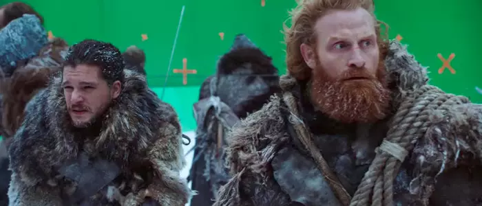 Jon Snow and Tormund in front of the green screen.