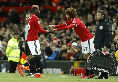 Fellaini enters the fray as a substitute. Image: PA